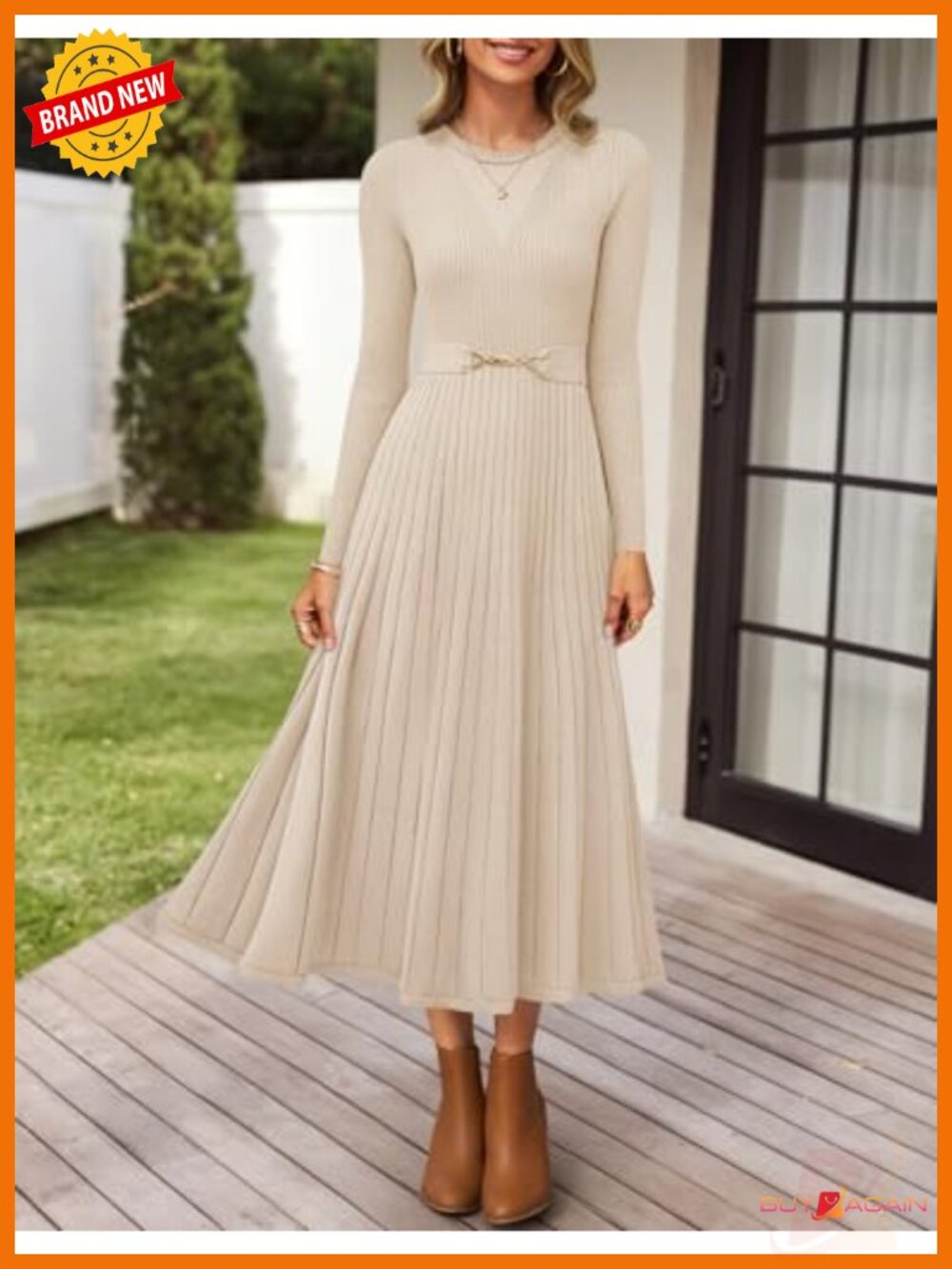 Womens Knit Midi Sweater Dress Long Sleeve Pleated Belted Fall - Picture 3 of 6